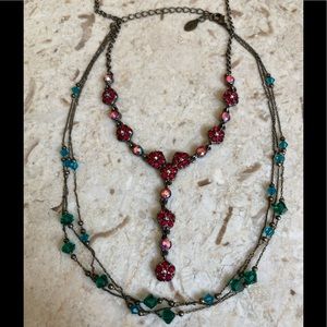 Two 2028 Crystal Necklaces In Teal & Red 18.5” Long